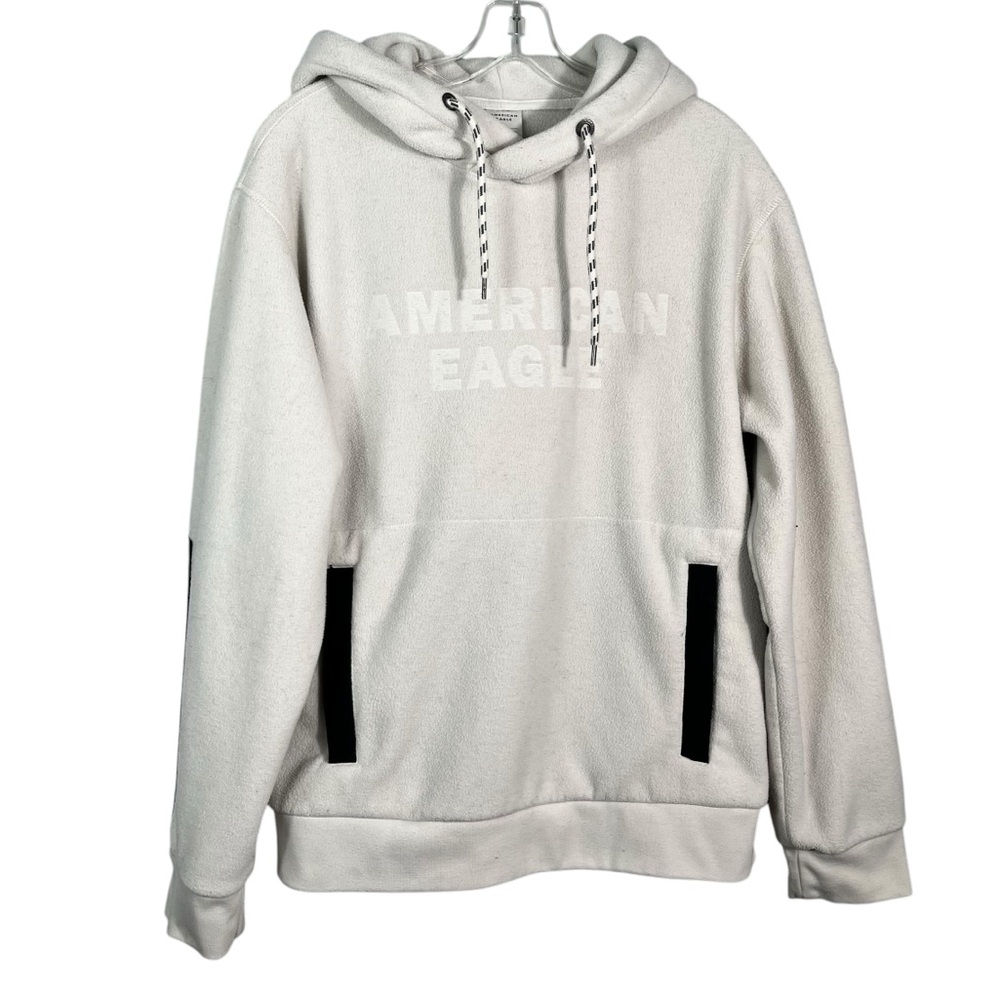 American Eagle Mens White Embossed Logo Black Elbow Patched Pullover Hoodie M